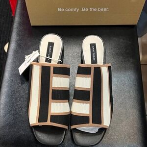Sanctuary Black, White, and Tan Women's Mules